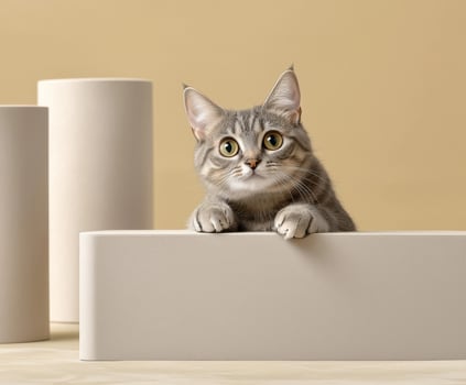 Curious gray tabby cat peeking over rectangular object photo