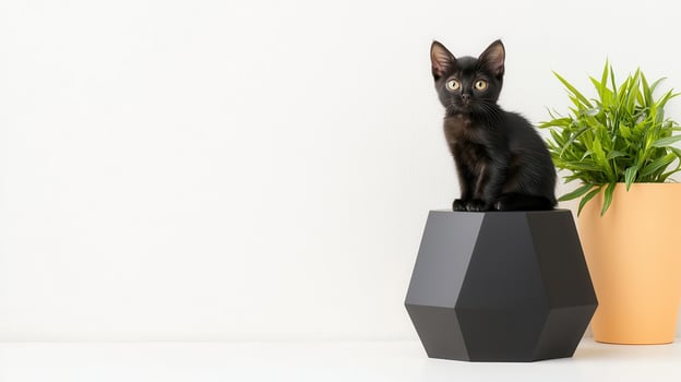 small black cat perched on matte black geometric pedestal photo