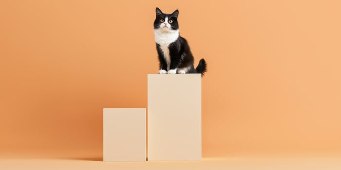 Fluffy black and white cat sitting proudly on tall pedestal photo