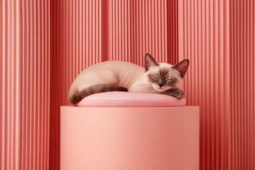 Sleeping cat on pastel pink podium with clean lines photo