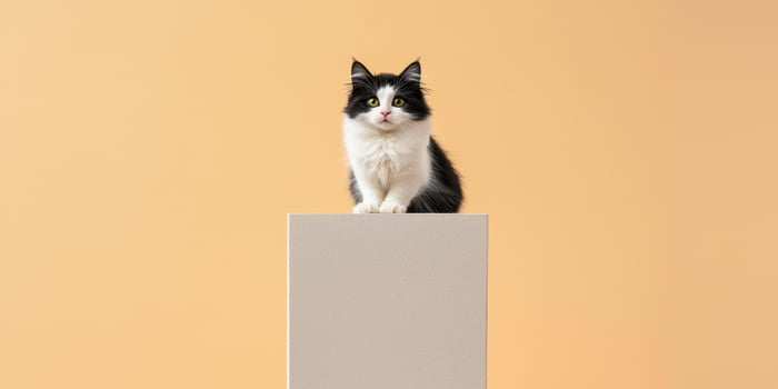Fluffy black and white cat sitting proudly on pedestal photo