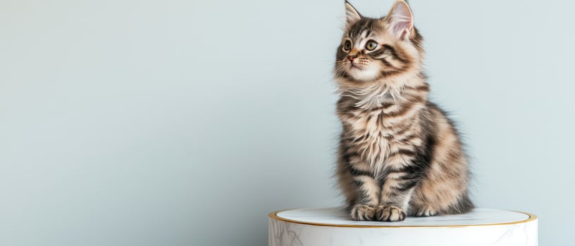 Fluffy kitten sitting on circular white marble podium photo