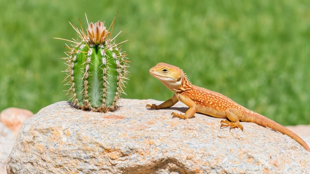Orange lizard and cactus on rock in natural sunlight outdoor setting photo