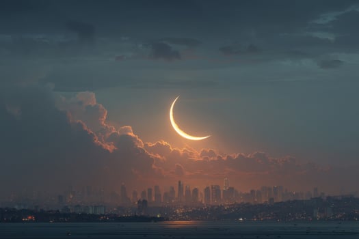 The moon is seen in the sky over a city photo