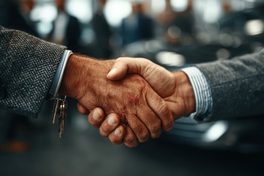 Two people shaking hands in front of a car photo