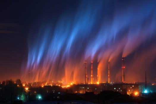 A factory with smoke coming out of it at night photo