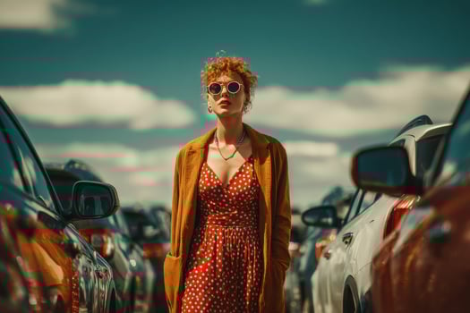 A woman in sunglasses and a polka dot dress stands in front of a parking lot photo