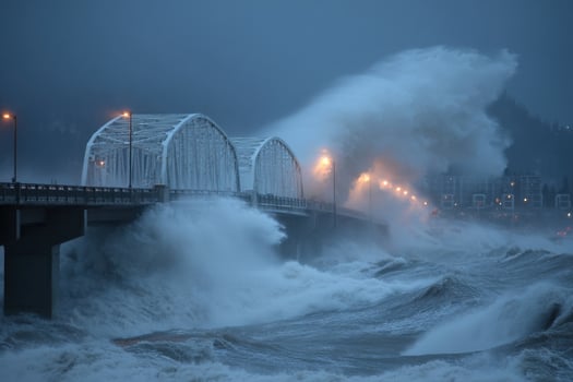 A bridge over a large wave crashing into the water photo