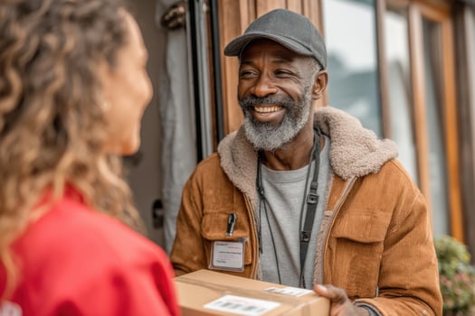 A smiling man holding a box and smiling at a woman photo