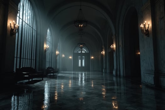 A long hallway with a lot of light and dark photo