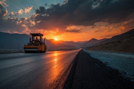 A construction vehicle driving on a road at sunset photo