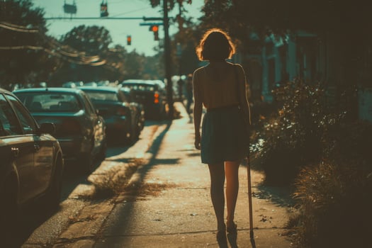 A woman walking down a street with a cane photo
