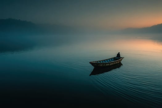 A boat floating on a lake at sunrise photo