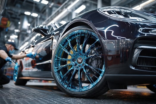 A worker is working on a car wheel photo
