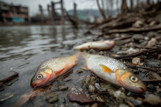 Dead fish in the river near a city photo