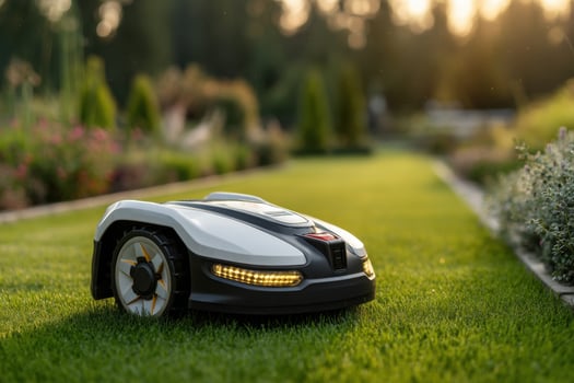 A robotic lawn mower is sitting on the grass photo