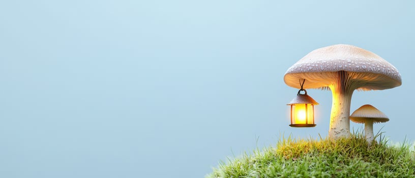 magical scene featuring mushrooms with glowing lantern, evoking wonder and tranquility photo