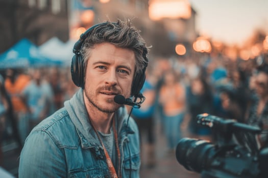 A man wearing headphones and holding a camera photo