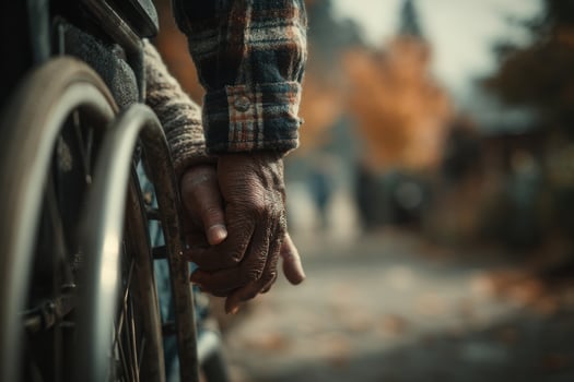 A person in a wheelchair holding onto the hand of another person photo