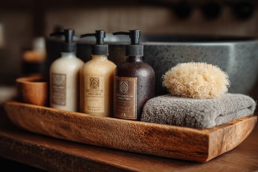 A wooden tray with soap, shampoo and a sponge photo