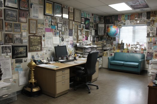 A desk with a chair in front of it photo