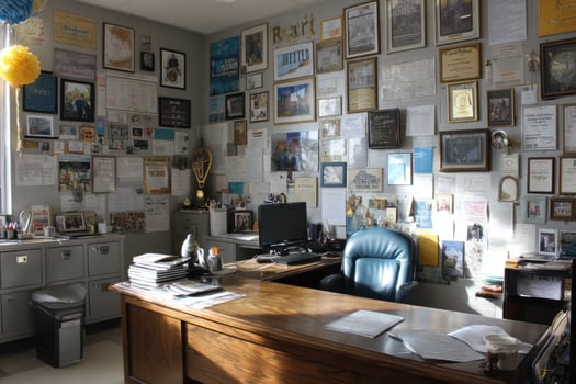 A desk with a computer on it photo