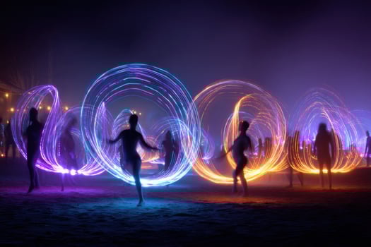 A group of people dancing with light up rings photo