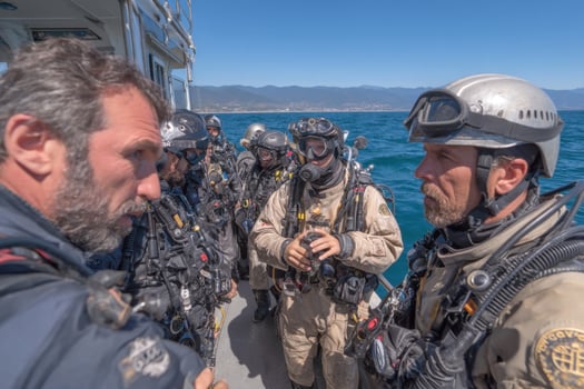 A group of men in diving gear talking to each other photo