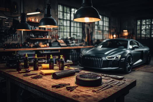 Audi r8 in a garage with tools and a car photo