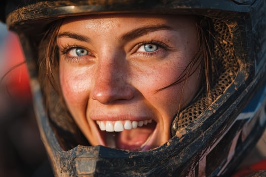 A woman with blue eyes is smiling while wearing a helmet photo