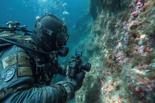 A man in a scuba suit holding a camera photo