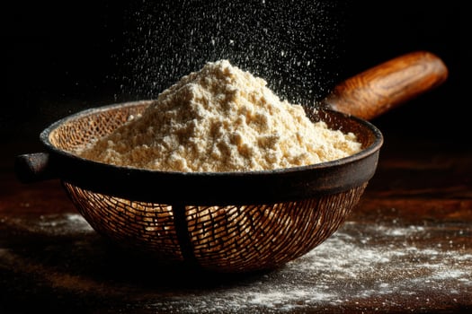 A bowl of flour on a wooden table photo
