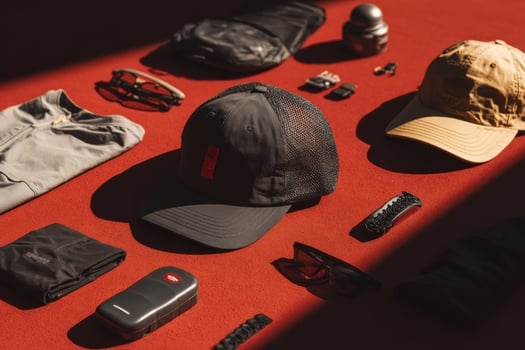 A hat, sunglasses, a phone, a wallet, and other items photo