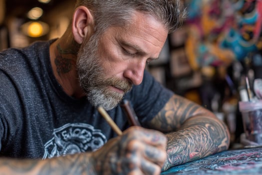 A man with tattoos is working on his art photo
