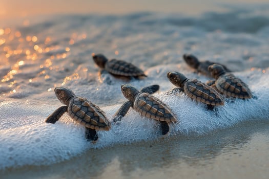A group of baby turtles are walking on the beach photo