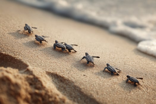 A group of baby turtles walking on the beach photo
