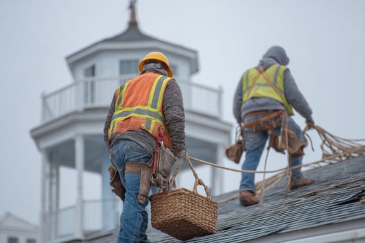 Two men working on a roof with a ladder photo