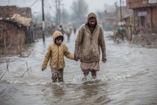 A man and a child walking through a flooded street photo