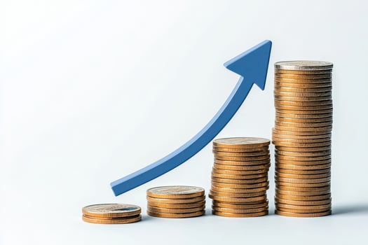 Rising coin stacks with blue growth arrow photo