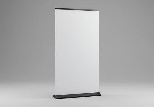 Displaying Blank Pull-up Banner Stand on Gray Background for Promotional Use photo