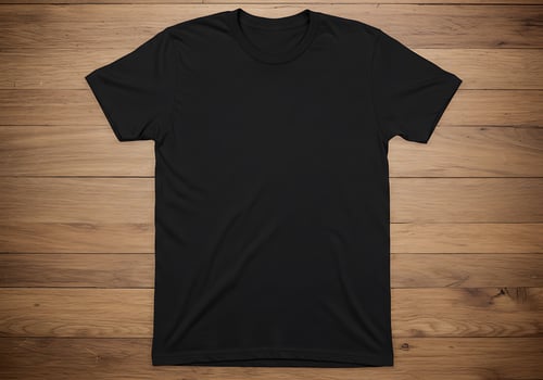 Black T-shirt Mockup on Wooden Background for Clothing Product Display photo