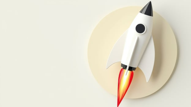 Modern white rocket toy with flames shooting out of bottom photo