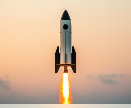 sleek rocket launches against soft sunset sky, showcasing vibrant flames photo