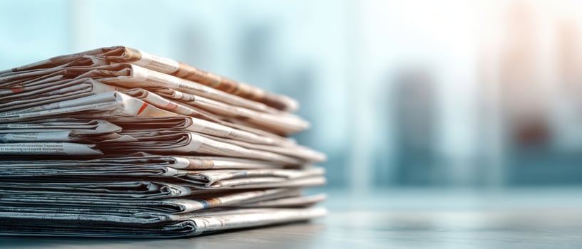 The stack of newspapers on a wooden desk in a modern workspace. photo