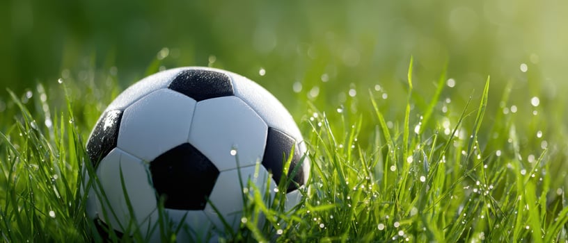 The soccer ball resting on dew-kissed grass under soft sunlight photo