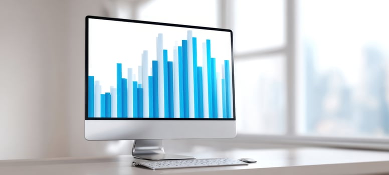 The sleek computer displaying vibrant blue data visualization for analytics and insights. photo