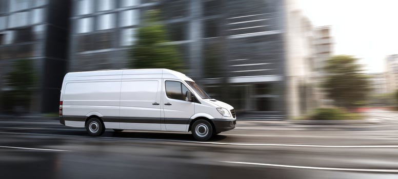 The moving white van traveling through a modern urban environment. photo