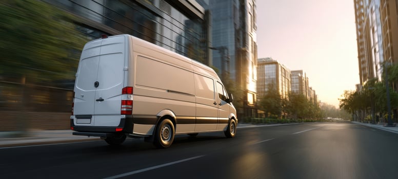 The white delivery van speeding through a modern urban landscape at sunset. photo