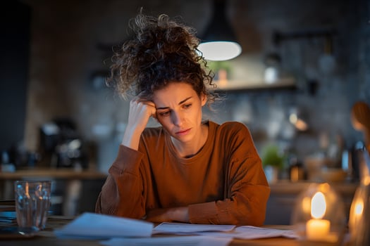 Worried Woman Reviewing Bills at Kitchen Table photo