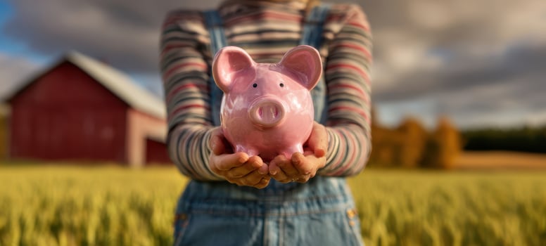 The Piggy Bank Held by Hands Against a Scenic Rural Background photo